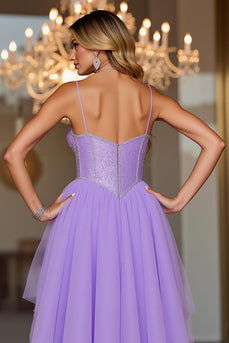 Sparkly Purple Corset Spaghetti Straps High-Low Prom Dress