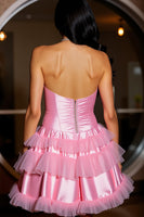 Load image into Gallery viewer, Pink A Line Strapless Satin Short Prom Dress with Ruffles