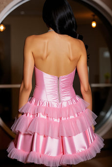 Pink A Line Strapless Satin Short Prom Dress with Ruffles