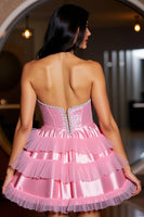 Load image into Gallery viewer, Sparkly Pink Strapless Ruffled Short Prom Dress with Beading