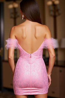 Pink Off the Shoulder Tight Short Lace Prom Dress