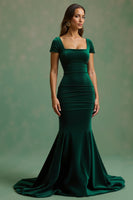 Load image into Gallery viewer, Women Dark Green Mermaid Long Holiday Party Dress Square Neck Ruched Backless Formal Dress