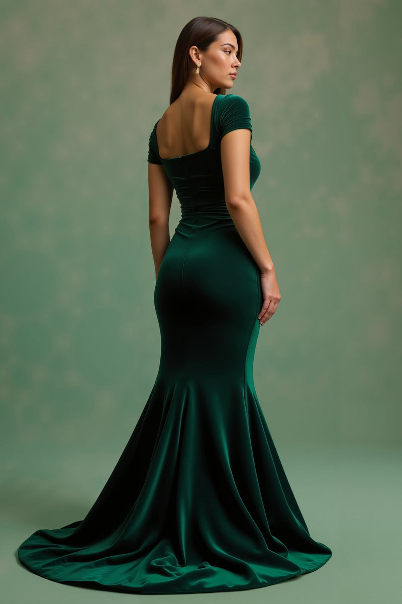 Load image into Gallery viewer, Dark Green Velvet Square Neck Mermaid Maxi Holiday Party Dress