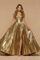 Load image into Gallery viewer, Women Metallic Golden Long Prom Dress with Slit V-Neck A Line Ruched Pleated Holiday Party Dress
