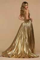 Load image into Gallery viewer, Metallic Golden A Line Pleated V-Neck Long Prom Dress with Slit