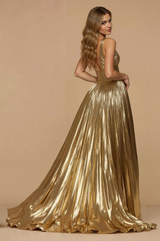 Metallic Golden A Line Pleated V-Neck Long Prom Dress with Slit