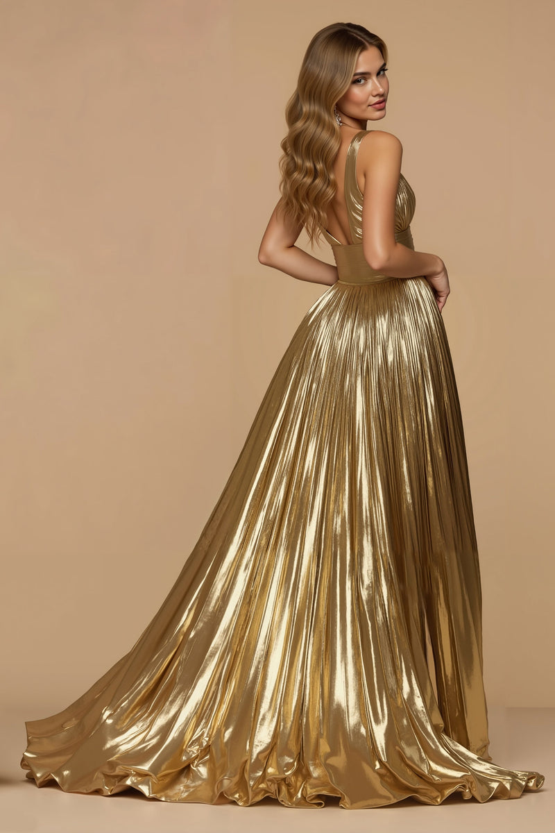 Load image into Gallery viewer, Metallic Golden A Line Pleated V-Neck Long Prom Dress with Slit