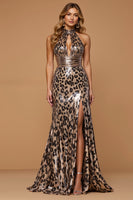 Load image into Gallery viewer, Women Sparkly Golden Leopard Sheath Long Holiday Party Dress with Slit Ruched Metallic Gala Dress with Keyhole