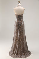 Load image into Gallery viewer, Sparkly Golden Leopard Mermaid Sequin Keyhole Long Prom Dress with Slit