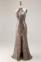 Load image into Gallery viewer, Sparkly Golden Leopard Mermaid Sequin Keyhole Long Prom Dress with Slit