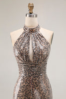 Load image into Gallery viewer, Sparkly Golden Leopard Mermaid Sequin Keyhole Long Prom Dress with Slit