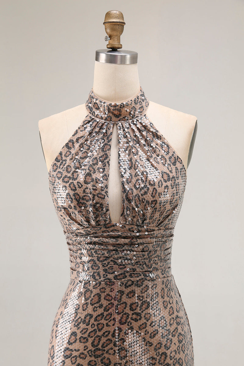 Load image into Gallery viewer, Sparkly Golden Leopard Mermaid Sequin Keyhole Long Prom Dress with Slit