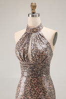 Load image into Gallery viewer, Sparkly Golden Leopard Mermaid Sequin Keyhole Long Prom Dress with Slit