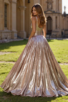Load image into Gallery viewer, Golden Metallic A Line V-Neck Long Prom Dress with Slit