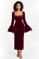 Load image into Gallery viewer, Burgundy Long Sleeves Sheath Holiday Party Dress with Lace