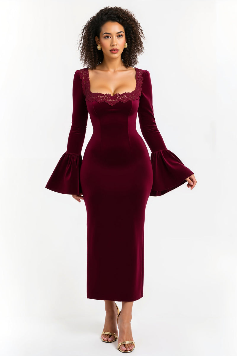 Load image into Gallery viewer, Burgundy Long Sleeves Sheath Holiday Party Dress with Lace