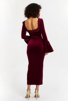 Burgundy Long Sleeves Sheath Holiday Party Dress with Lace