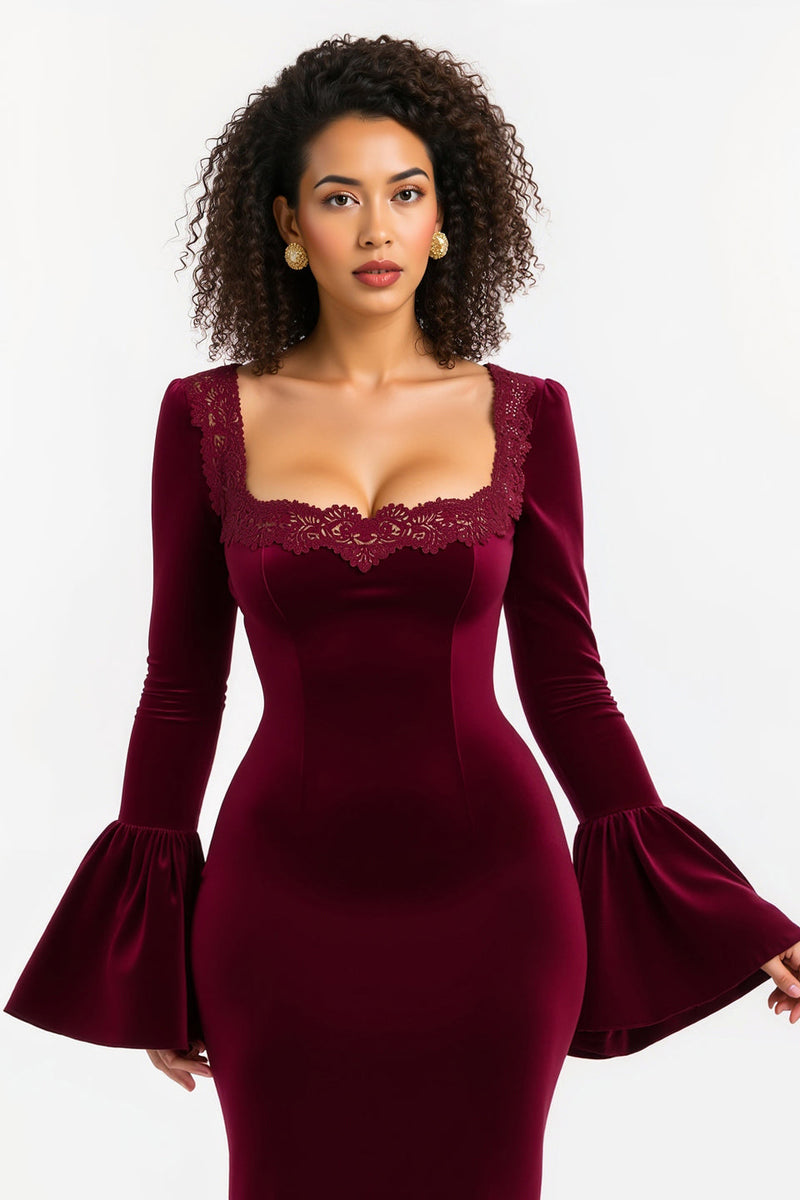 Load image into Gallery viewer, Burgundy Long Sleeves Sheath Holiday Party Dress with Lace