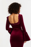 Load image into Gallery viewer, Burgundy Long Sleeves Sheath Holiday Party Dress with Lace