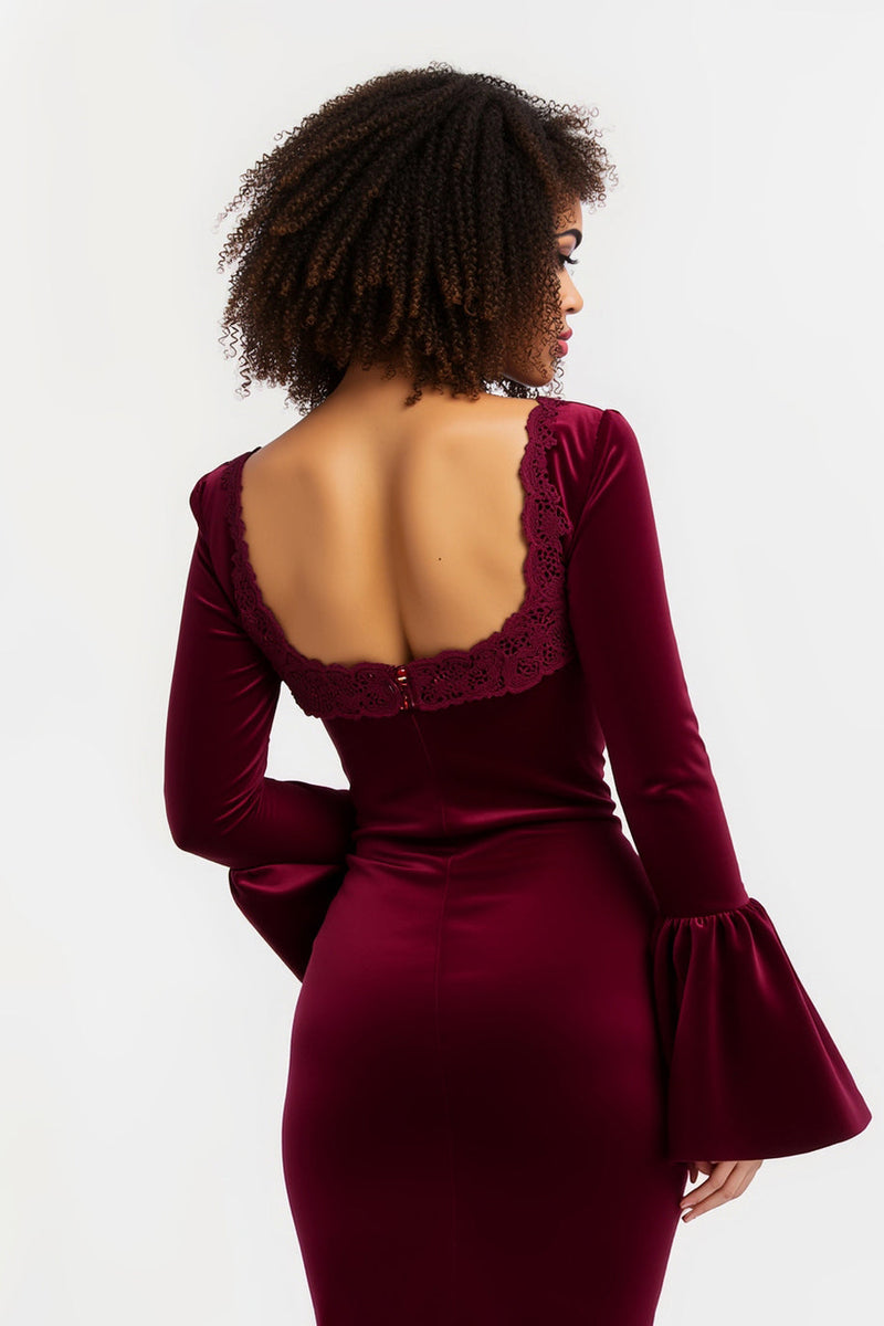 Load image into Gallery viewer, Burgundy Long Sleeves Sheath Holiday Party Dress with Lace