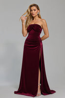 Load image into Gallery viewer, Burgundy Ruched Strapless Long Holiday Party Dress with Slit