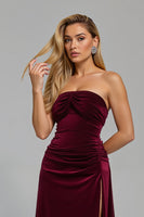 Load image into Gallery viewer, Burgundy Ruched Strapless Long Holiday Party Dress with Slit