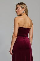 Load image into Gallery viewer, Burgundy Ruched Strapless Long Holiday Party Dress with Slit
