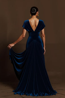 Royal Blue V-Neck A Line Long Holiday Party Dress with Sleeves