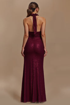 Glitter Burgundy Sheath Halter Ruched Long Holiday Party Dress