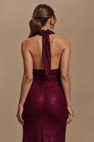 Load image into Gallery viewer, Glitter Burgundy Sheath Halter Ruched Long Holiday Party Dress