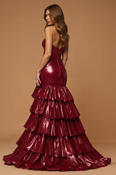 Metallic Burgundy Tiered Sweetheart Long Prom Dress with Slit
