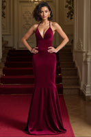 Load image into Gallery viewer, Women Burgundy Velvet Mermaid Long Holiday Party Dress UK Spaghetti Straps Formal Dress