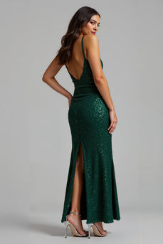 Sparkly Dark Green Long Sheath Holiday Party Dress with Slit
