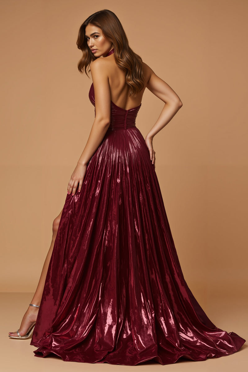 Load image into Gallery viewer, Metallic Burgundy A Line Halter Long Prom Dress with Slit