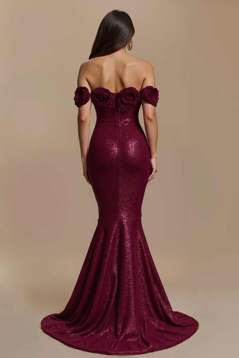 Load image into Gallery viewer, Sparkly Burgundy Long Off the Shoulder Holiday Party Dress with 3D Flower