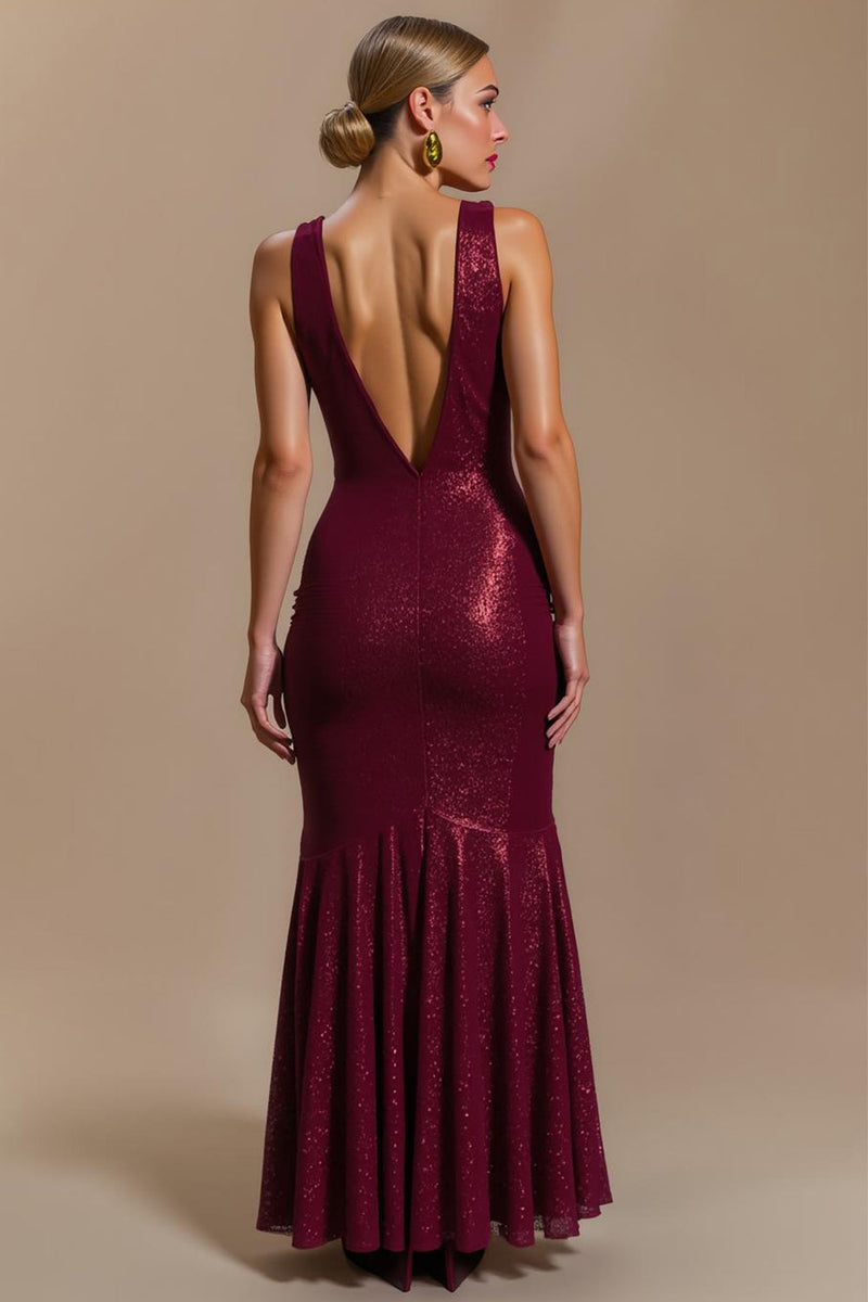 Load image into Gallery viewer, Sparkly Burgundy Cowl Neck Sheath Long Holiday Party Dress