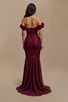 Load image into Gallery viewer, Sparkly Burgundy Long Mermaid Holiday Party Dress with 3D Flowers
