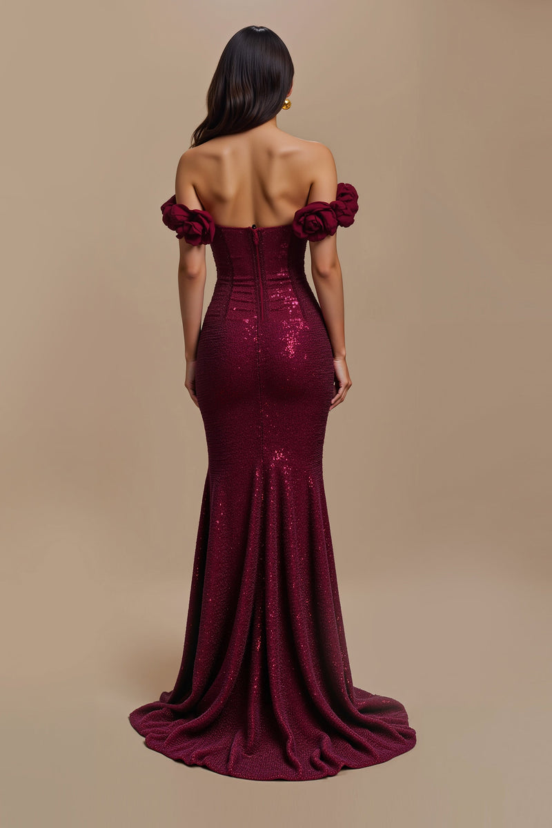 Load image into Gallery viewer, Sparkly Burgundy Long Mermaid Holiday Party Dress with 3D Flowers
