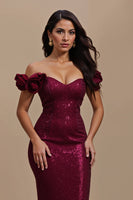 Load image into Gallery viewer, Sparkly Burgundy Long Mermaid Holiday Party Dress with 3D Flowers