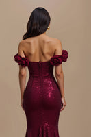 Load image into Gallery viewer, Sparkly Burgundy Long Mermaid Holiday Party Dress with 3D Flowers