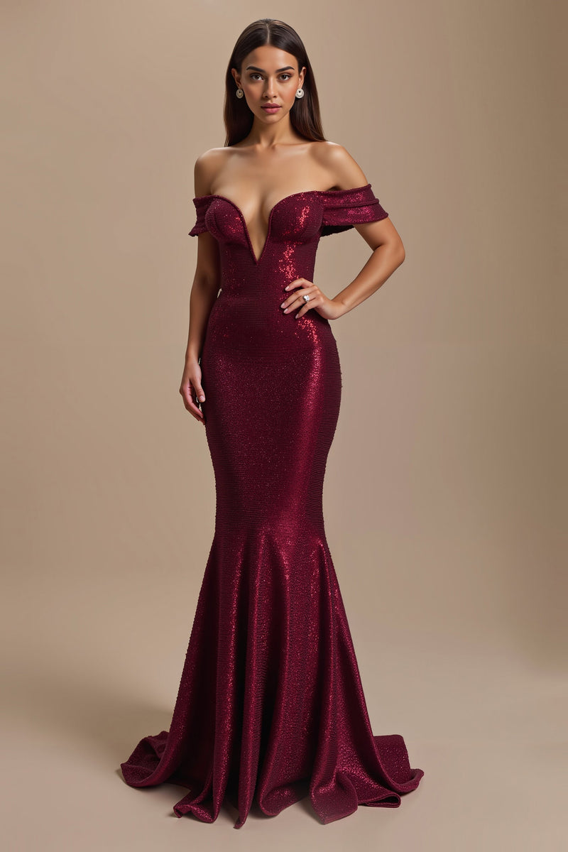 Load image into Gallery viewer, Sparkly Burgundy Off The Shoulder Mermaid Long Holiday Party Dress