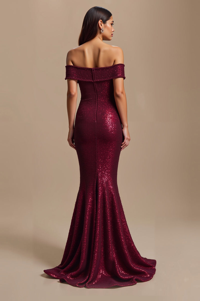 Load image into Gallery viewer, Sparkly Burgundy Off The Shoulder Mermaid Long Holiday Party Dress