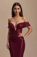 Load image into Gallery viewer, Sparkly Burgundy Off The Shoulder Mermaid Long Holiday Party Dress