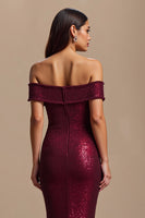 Load image into Gallery viewer, Sparkly Burgundy Off The Shoulder Mermaid Long Holiday Party Dress