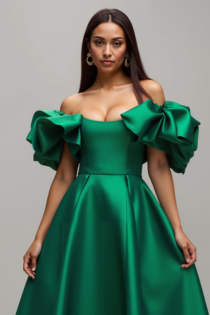 Load image into Gallery viewer, Dark Green A Line Satin Long Prom Dress with Sleeves
