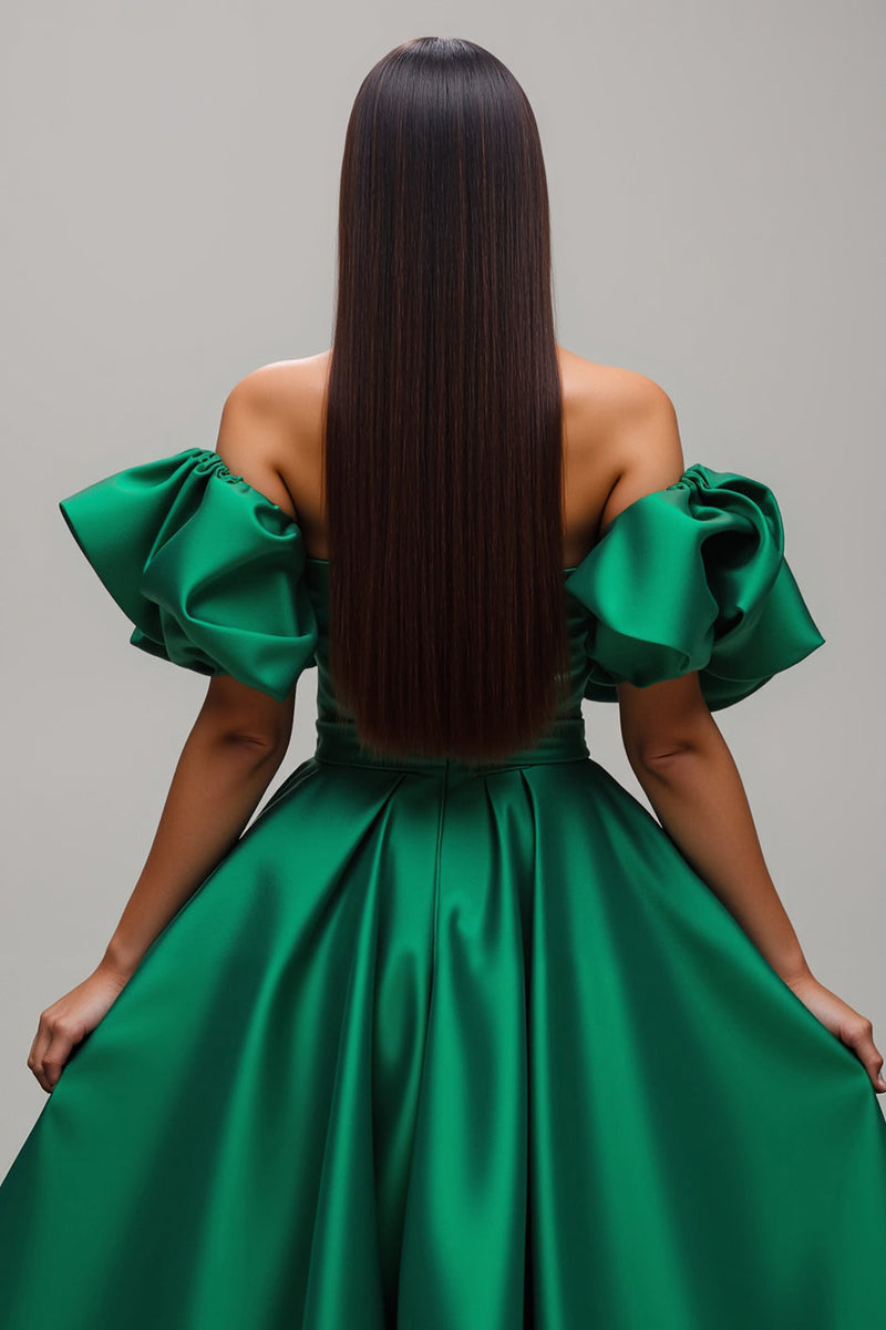 Load image into Gallery viewer, Dark Green A Line Satin Long Prom Dress with Sleeves