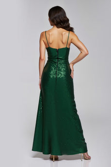 Sparkly Dark Green Sheath vLong Holiday Party Dress with Slit