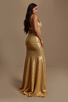 Sparkly Gold V-Neck Mermaid Long Holiday Party Dress