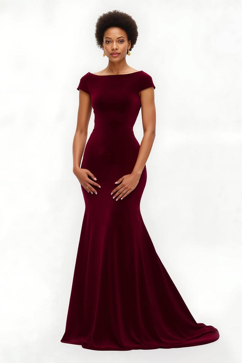 Load image into Gallery viewer, Burgundy Long Boat Neck Holiday Party Dress with Sleeves