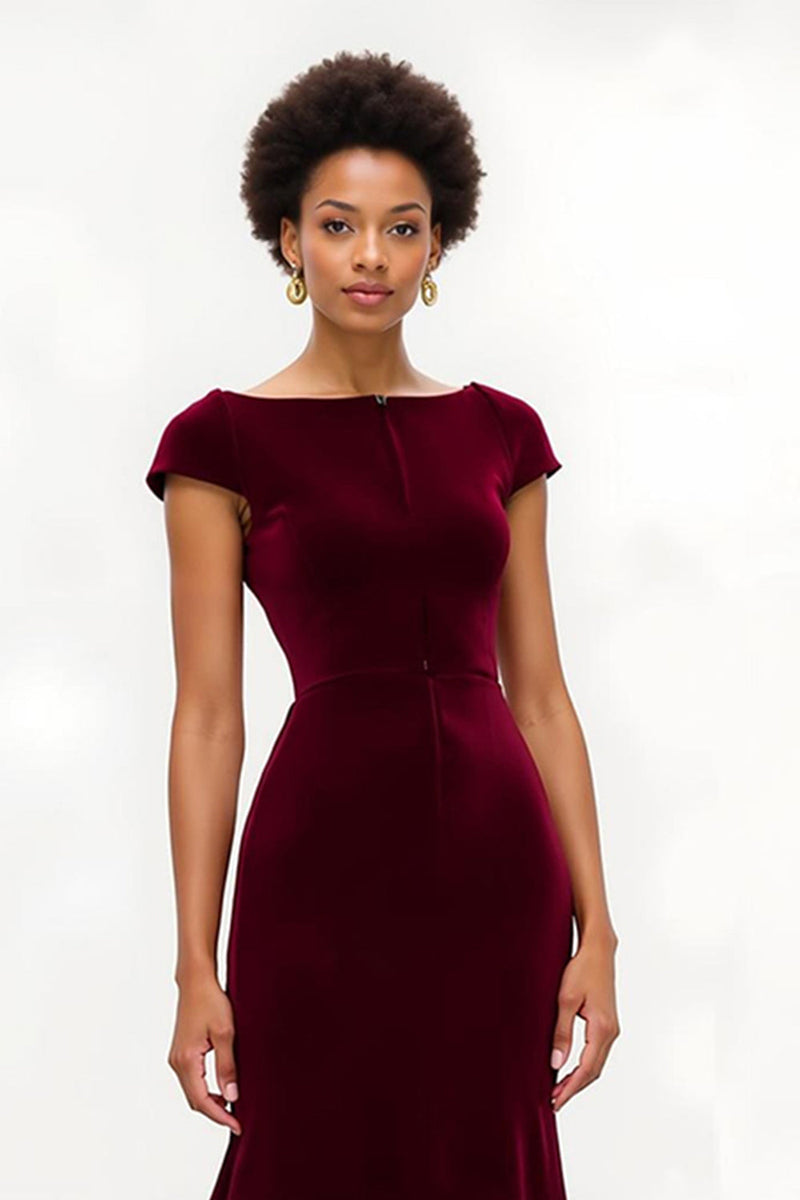 Load image into Gallery viewer, Burgundy Long Boat Neck Holiday Party Dress with Sleeves